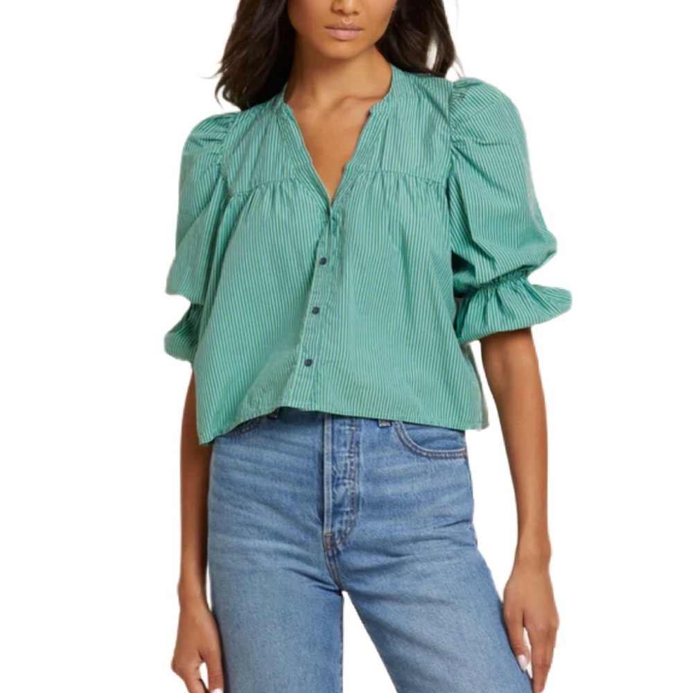 Nation LTD Geneva Puff Sleeve Button Up Blouse XS Pima Cotton